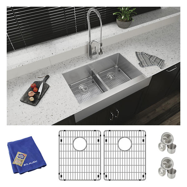 Elkay SS 35.8 x 20.2 x 9 Equal Dbl Farmhouse Sink Kit | Elkay Elkay SS 35.8 x 20.2 x 9 Equal Dbl Farmhouse Sink Kit | Elkay