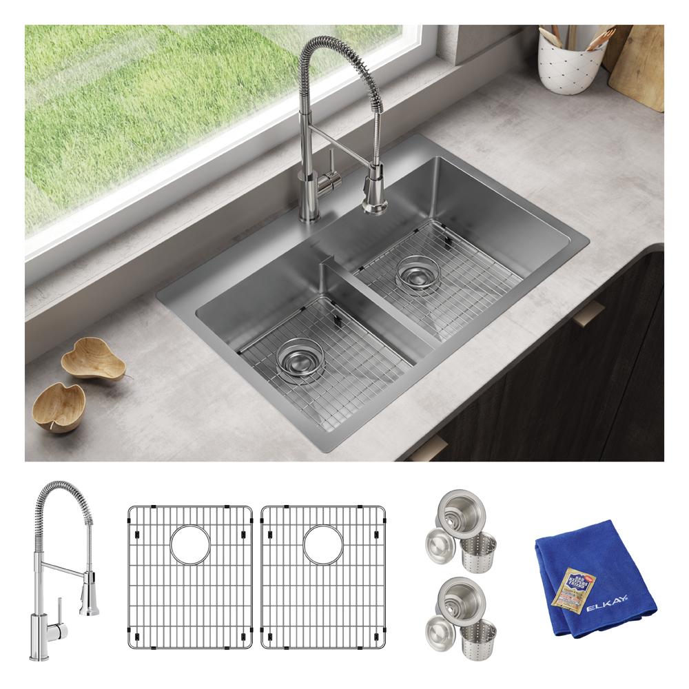 Elkay ECTSRA33229TFLC Crosstown 18 Gauge Stainless Steel 33 x 22 x 9, Equal Double Bowl Dual Mount Sink Kit with Filtered Faucet with Aqua Divide