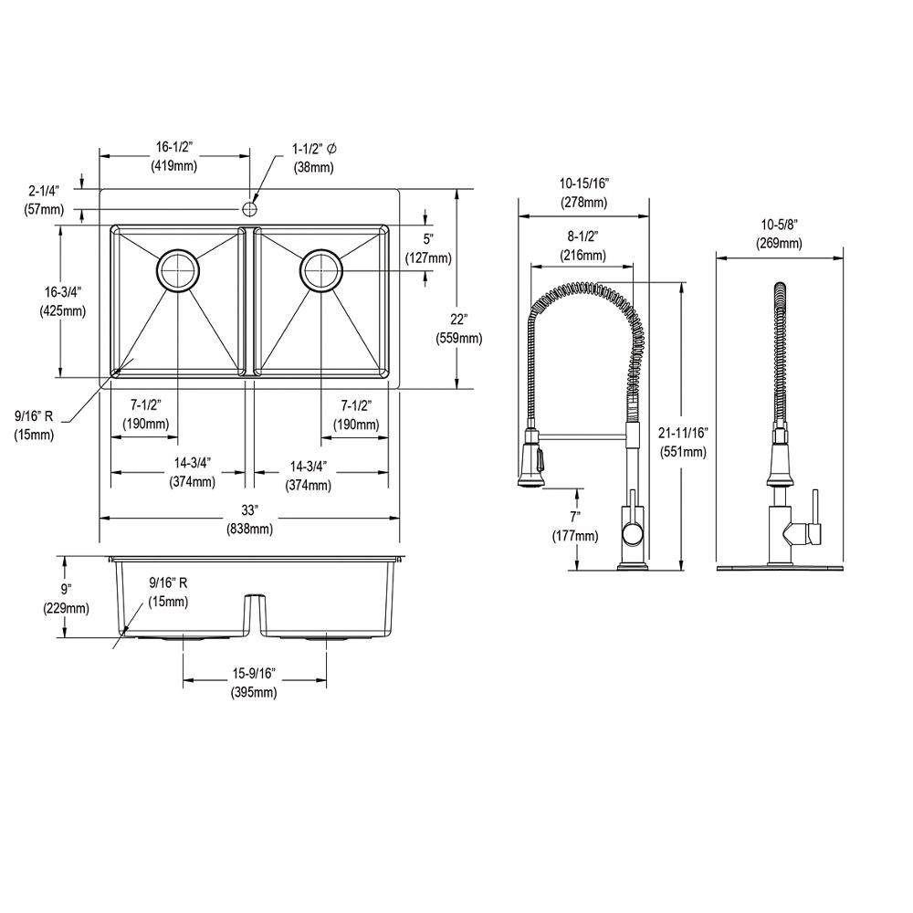 Elkay ECTSRA33229TFLC Crosstown 18 Gauge Stainless Steel 33 x 22 x 9, Equal Double Bowl Dual Mount Sink Kit with Filtered Faucet with Aqua Divide