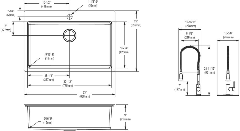 Crosstown 18 Gauge 1-Hole Bowl Dual Mount Sink Kit Faucet