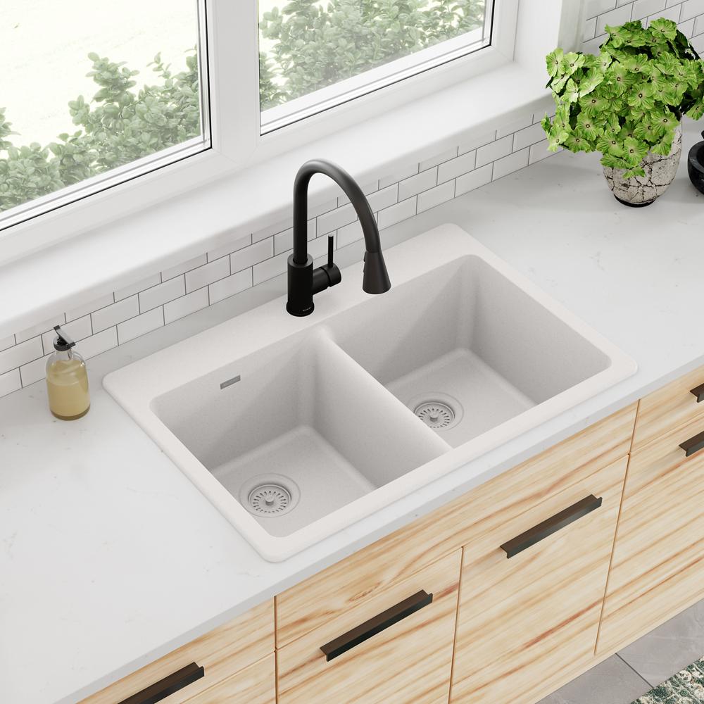 Elkay Quartz Classic Undermount 33-in x 22-in White Double Offset Bowl Kitchen Sink | ELGHU3322RWH0C