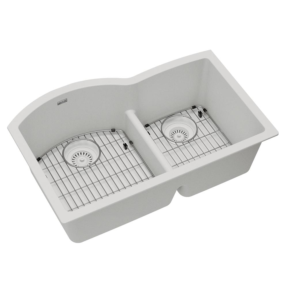 Elkay Quartz Classic Undermount 33-in x 22-in White Double Offset Bowl Kitchen Sink | ELGHU3322RWH0C