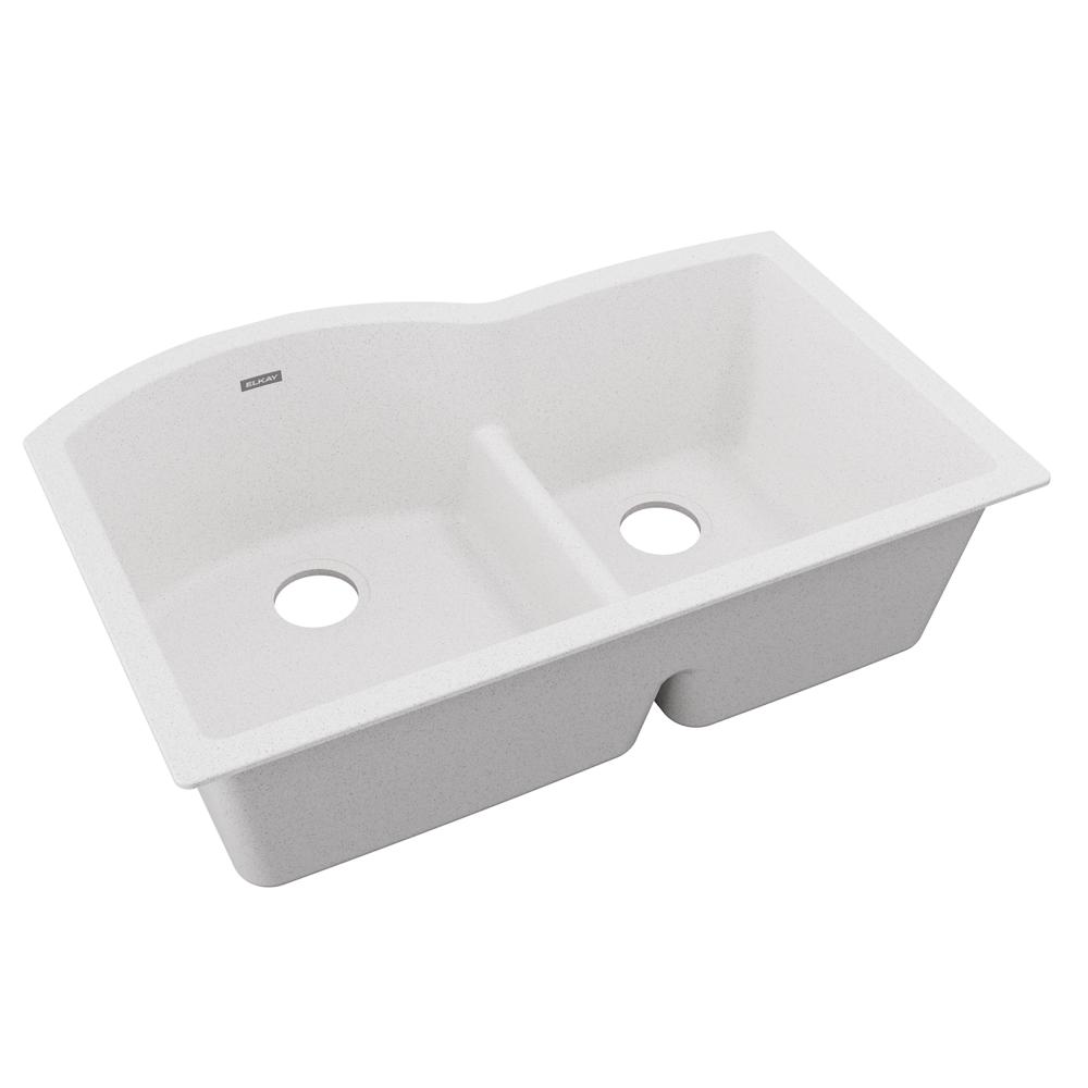 Elkay Quartz Classic Undermount 33-in x 22-in White Double Offset Bowl Kitchen Sink | ELGHU3322RWH0C