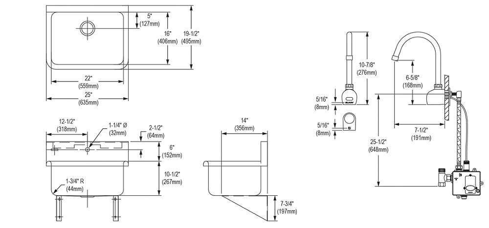 Elkay EWS2520KC, Wall Scrub-Up Sink, Knee Control Package