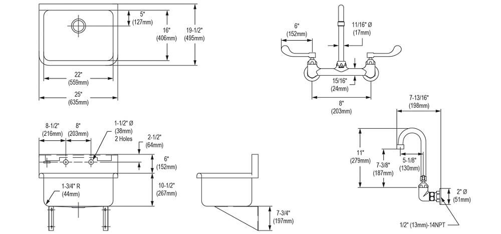 Elkay EWS2520KC, Wall Scrub-Up Sink, Knee Control Package