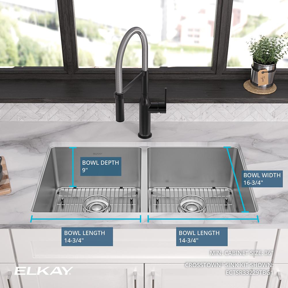 Elkay ECTSRA33229TFLC Crosstown 18 Gauge Stainless Steel 33 x 22 x 9, Equal Double Bowl Dual Mount Sink Kit with Filtered Faucet with Aqua Divide