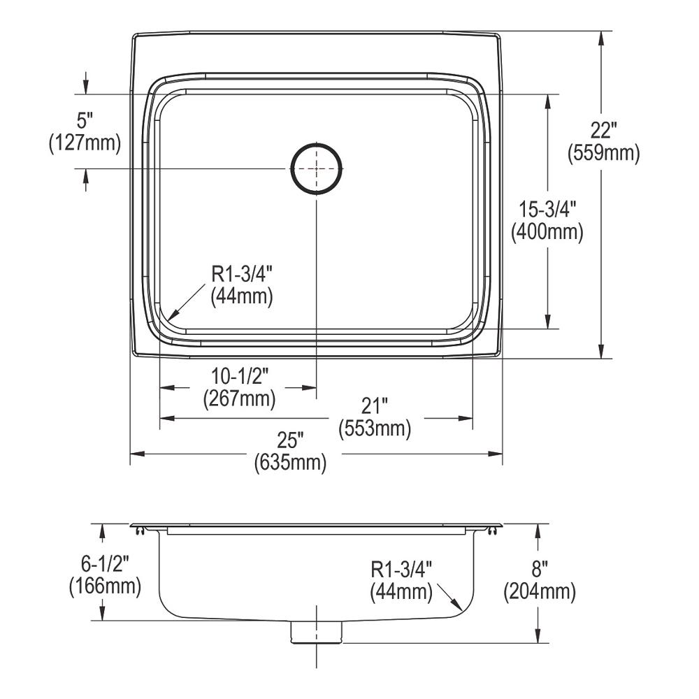 Elkay Lustertone SS 25 x 22 x 6.5 Single Bowl Drop-in ADA