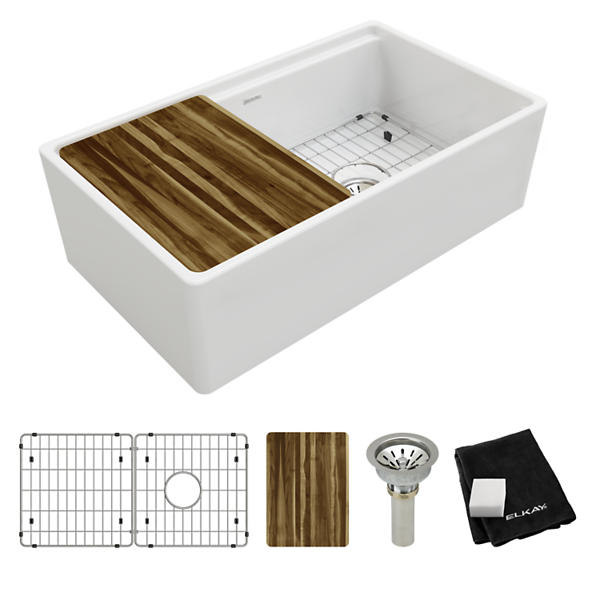 Fireclay 33 in. Single Bowl Farmhouse Apron Front Reversible Kitchen Sink in White with Cutting Board and Grid Fireclay 33 in. Single Bowl Farmhouse Apron Front Reversible Kitchen Sink in White with Cutting Board and Grid