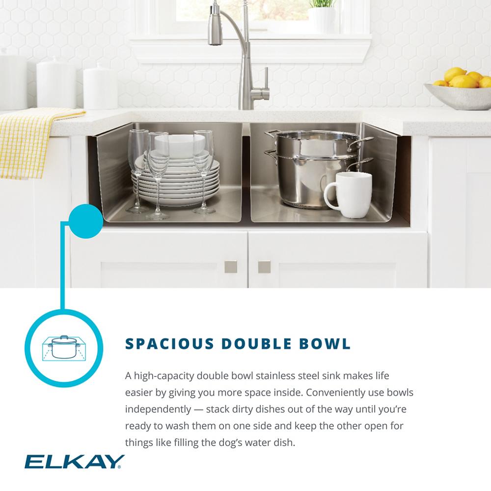 Elkay ECTSRA33229TFLC Crosstown 18 Gauge Stainless Steel 33 x 22 x 9, Equal Double Bowl Dual Mount Sink Kit with Filtered Faucet with Aqua Divide