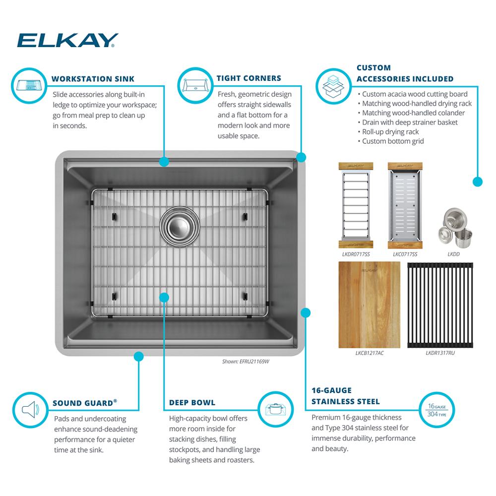 Elkay Workstation 16 GA SS 22.5 x 18.5 x 8.75 Single