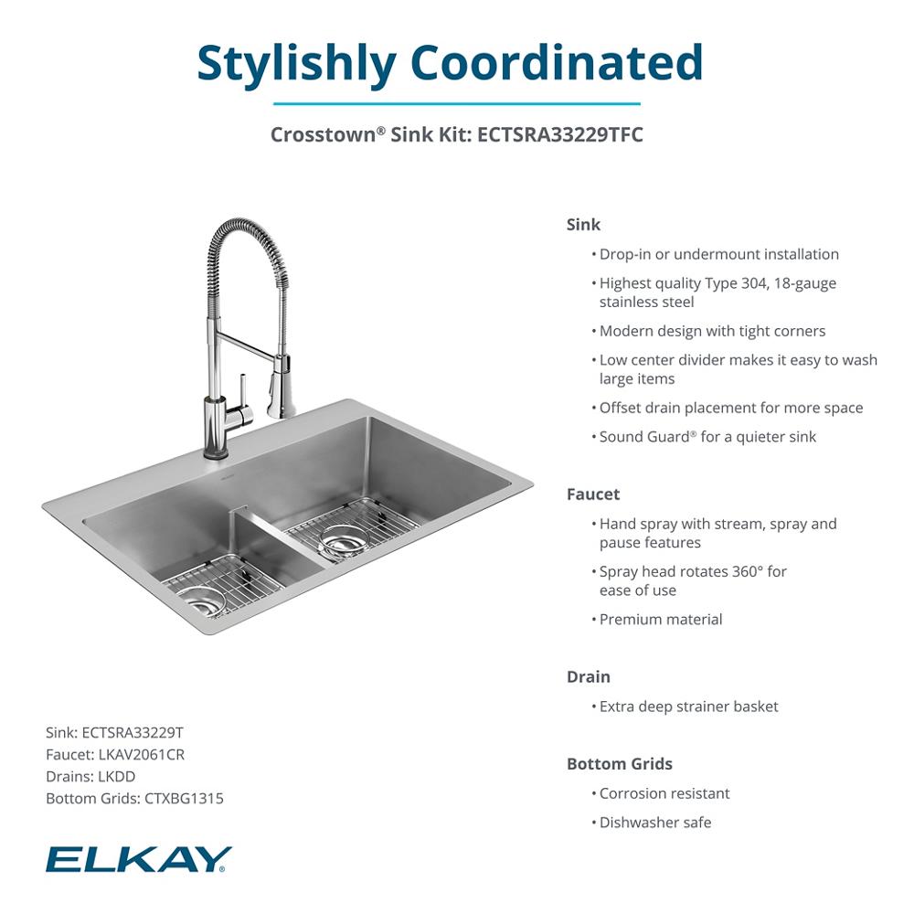 Elkay ECTSRA33229TFLC Crosstown 18 Gauge Stainless Steel 33 x 22 x 9, Equal Double Bowl Dual Mount Sink Kit with Filtered Faucet with Aqua Divide