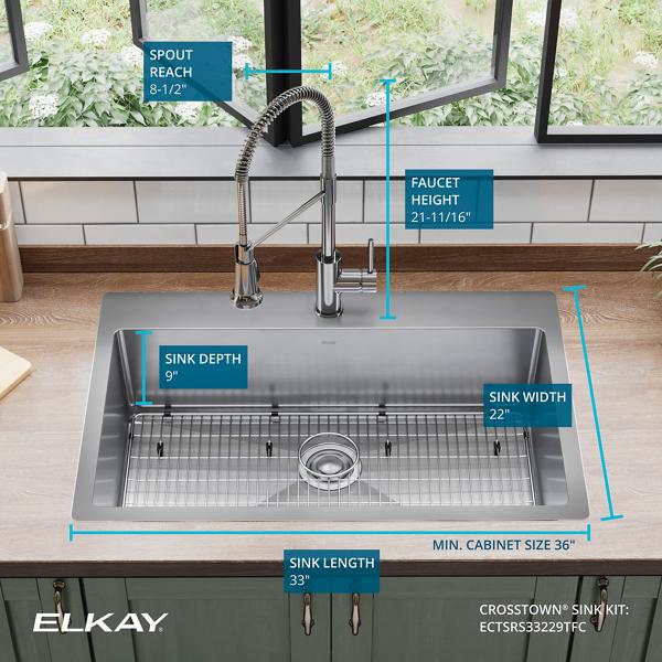 Elkay ECTSRA33229TFLC Crosstown 18 Gauge Stainless Steel 33 x 22 x 9, Equal Double Bowl Dual Mount Sink Kit with Filtered Faucet with Aqua Divide