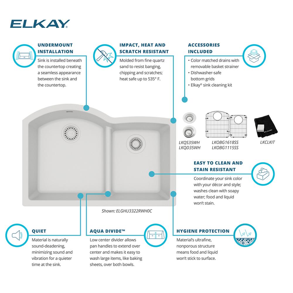 Elkay Quartz Classic Undermount 33-in x 22-in White Double Offset Bowl Kitchen Sink | ELGHU3322RWH0C